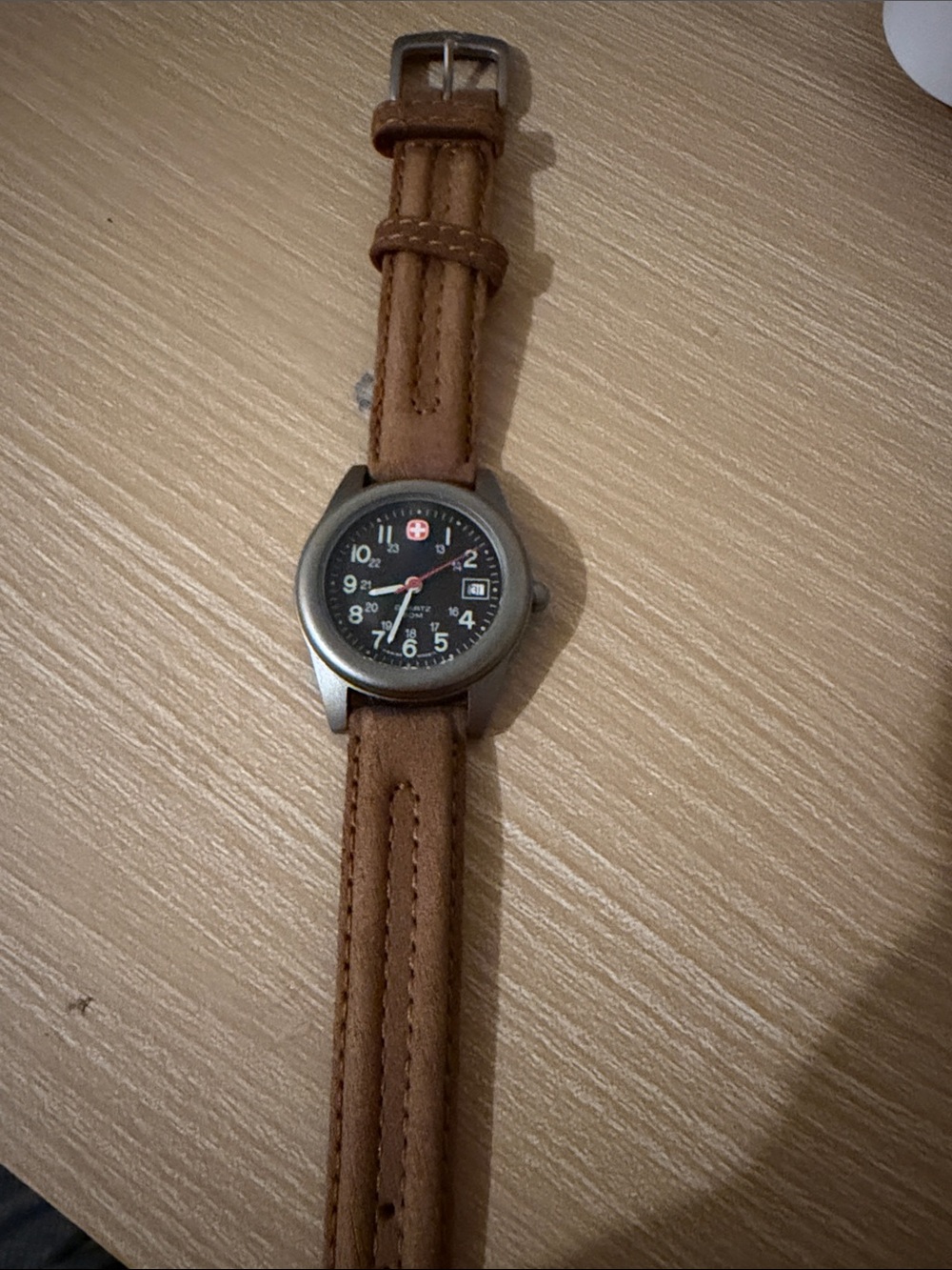 Swiss Military-Style Brown Leather Strap Watch with Black Dial